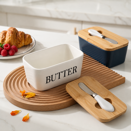 Ceramic Butter Container With Knife & Bamboo Wood lid - Large Size