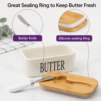 Ceramic Butter Container With Knife & Bamboo Wood lid - Large Size