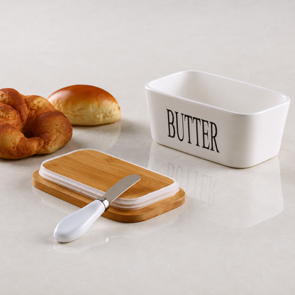 Ceramic Butter Container With Knife & Bamboo Wood lid - Large Size